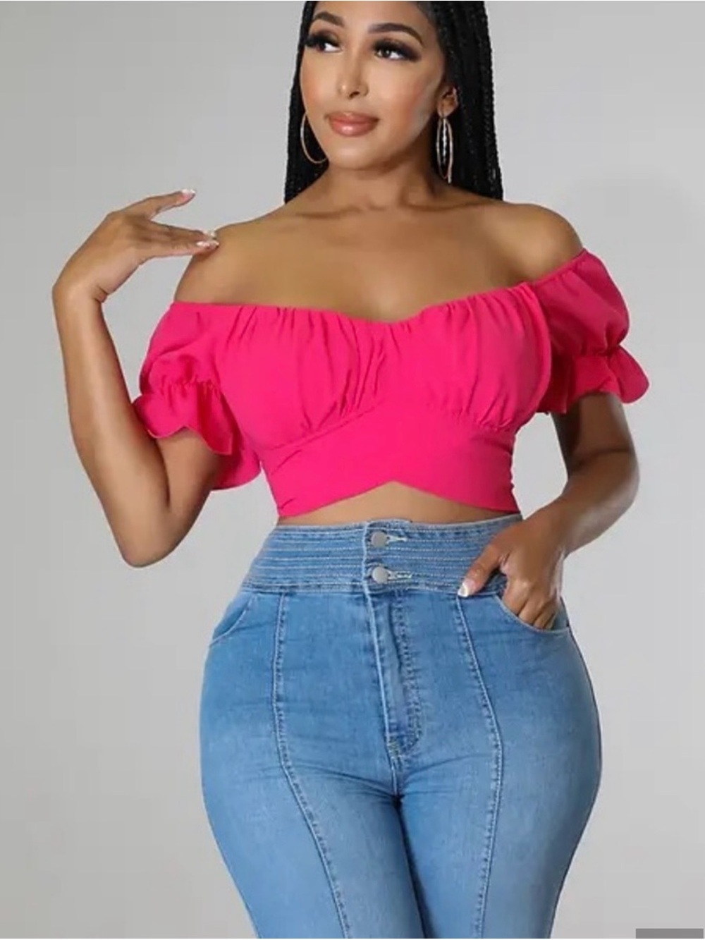 LYANER Hot Pink Off Shoulder Tie Back Crop Top L Puff Sleeve